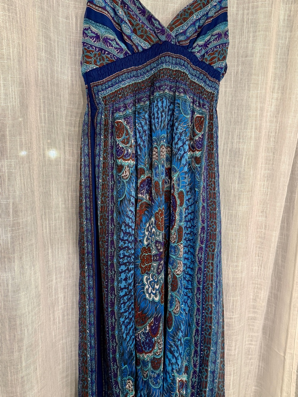 Blue Paisley V-Neck Maxi Dress with Beautiful Rich Colored Design
